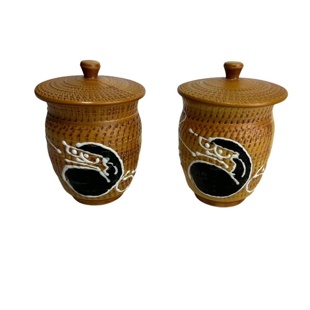 vintage Textured ceramic stoneware pottery Covered Jar set